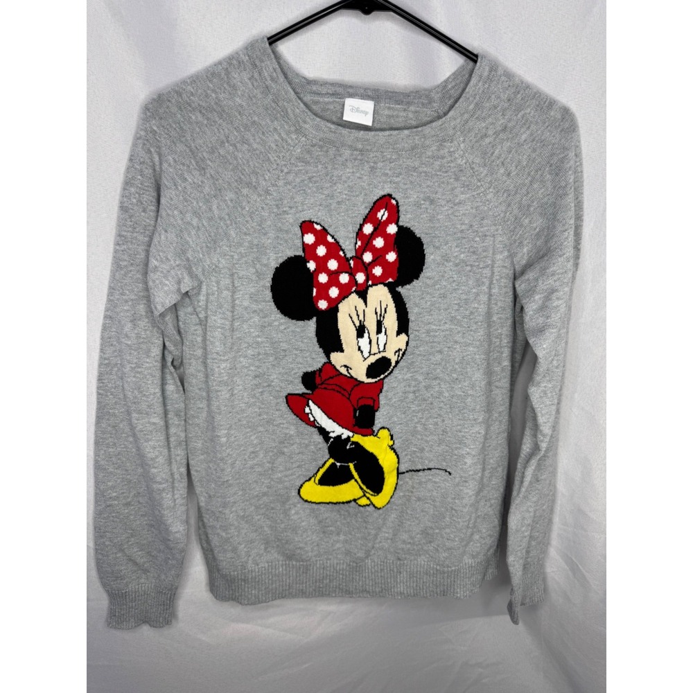 Disney Minnie Mouse Sweater Gray Knit Pullover Red Polka Dot Bow Raglan Women